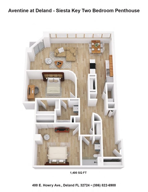 Floor plan for 2 beds, 2 baths, 1400 sqft